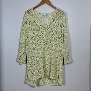 J Jill Women Open Knit Crochet Sweater XL Light Green Boho Beach Cover Up Cotton